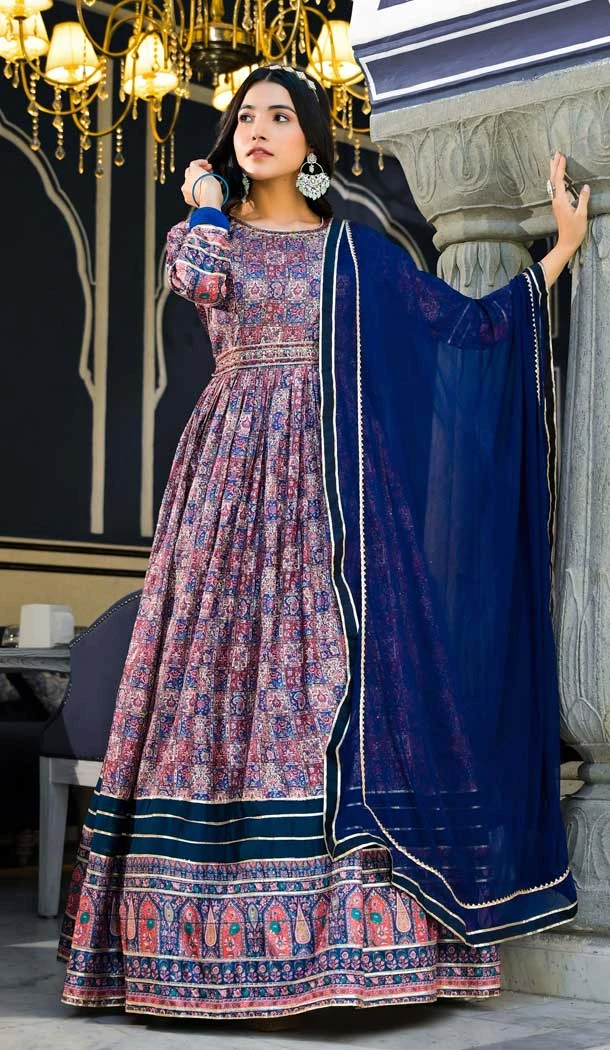 Blue Dola Silk Digital Printed Readymade Gown With Dupatta - 10382193679