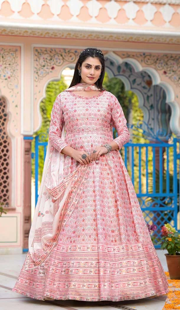 Dola Silk Digital Printed Readymade Gown With Dupatta In Multi Color - 10386193698