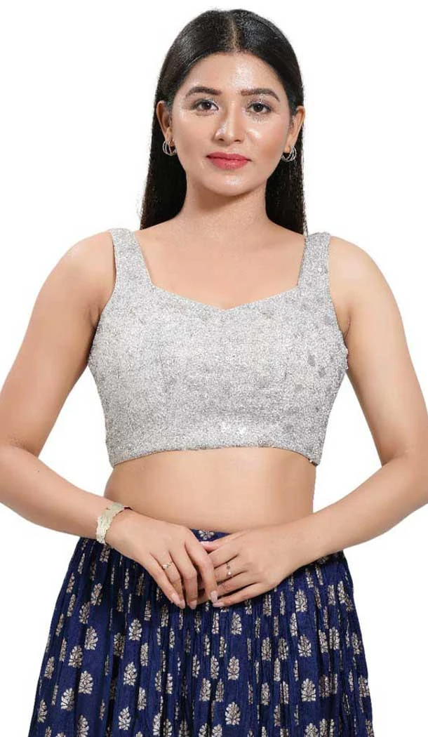 Silver Net Sequence Work Party Wear Readymade Blouse - 10393193749