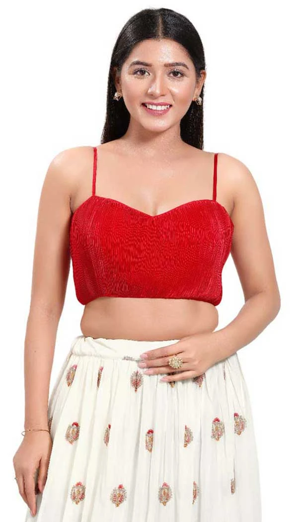 Red Satin Crush Plain Party Wear Readymade Blouse - 10393193750