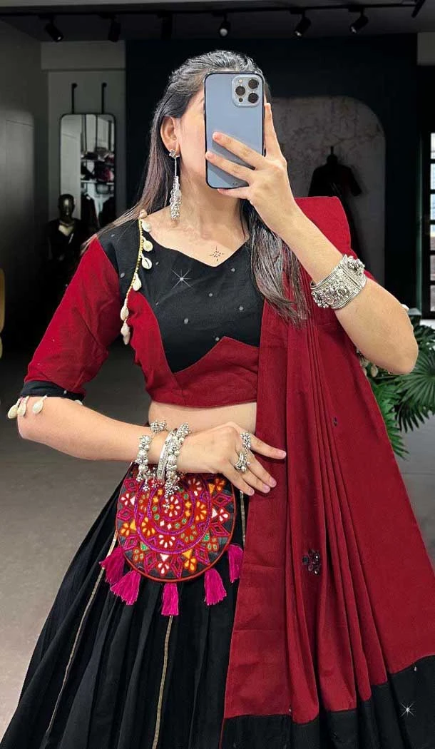 Black Pure Cotton Gamthi Work Garba Wear Lehenga Choli - 10396193774