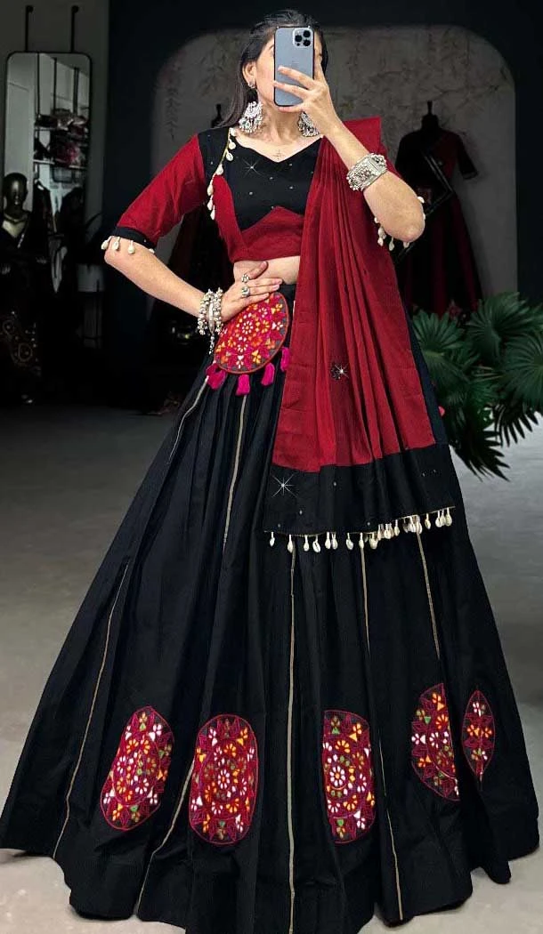 Black Pure Cotton Gamthi Work Garba Wear Lehenga Choli - 10396193774