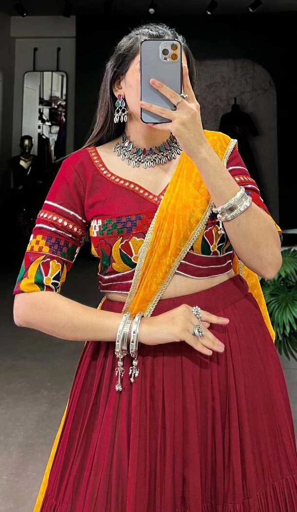 Maroon Rayon Plain Garba Wear Lehenga Choli - 10396193776