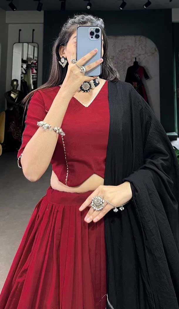 Maroon Polester Viscose Chanderi Plain Garba Wear Lehenga Choli - 10396193779