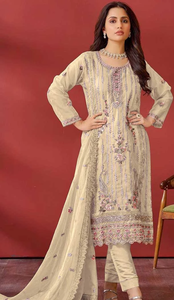 Cream Organza Embroidered Pakistani Style Salwar Kameez - 10412193845