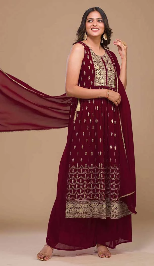 Wine Georgette Embroidered Pakistani Style Palazzo Salwar Suit -10422193880