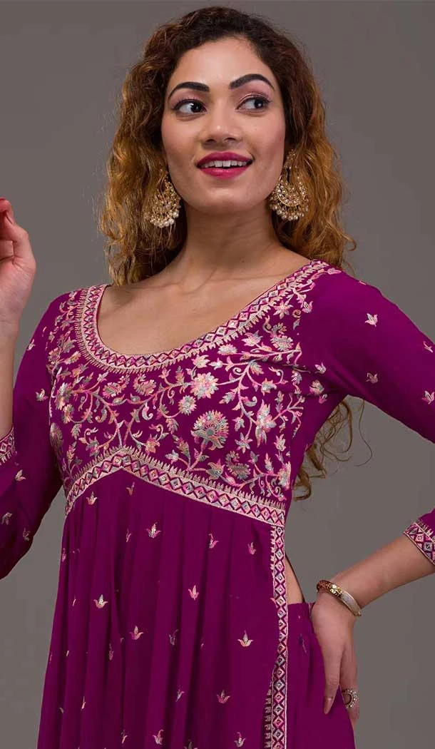 Purple Georgette Embroidered Readymade Palazzo Salwar Suit - 10425193894