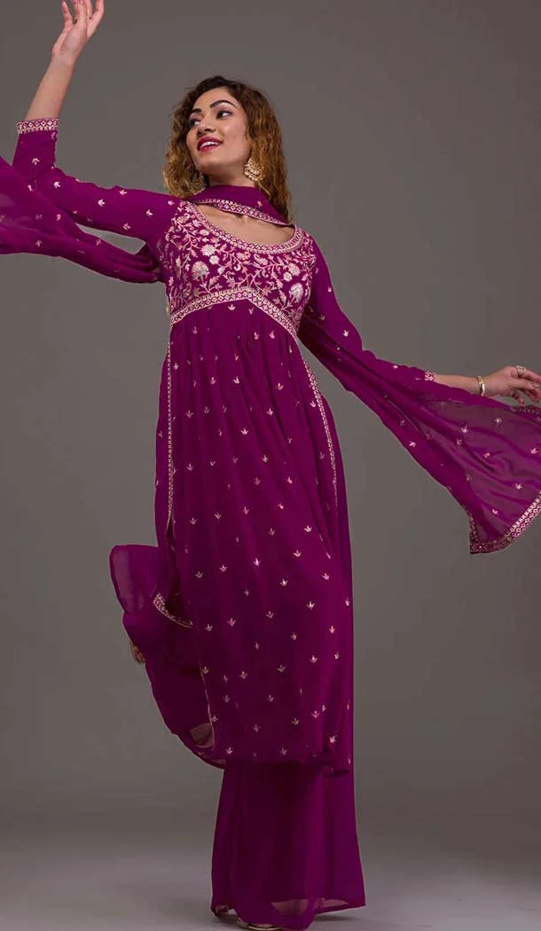 Purple Georgette Embroidered Readymade Palazzo Salwar Suit - 10425193894