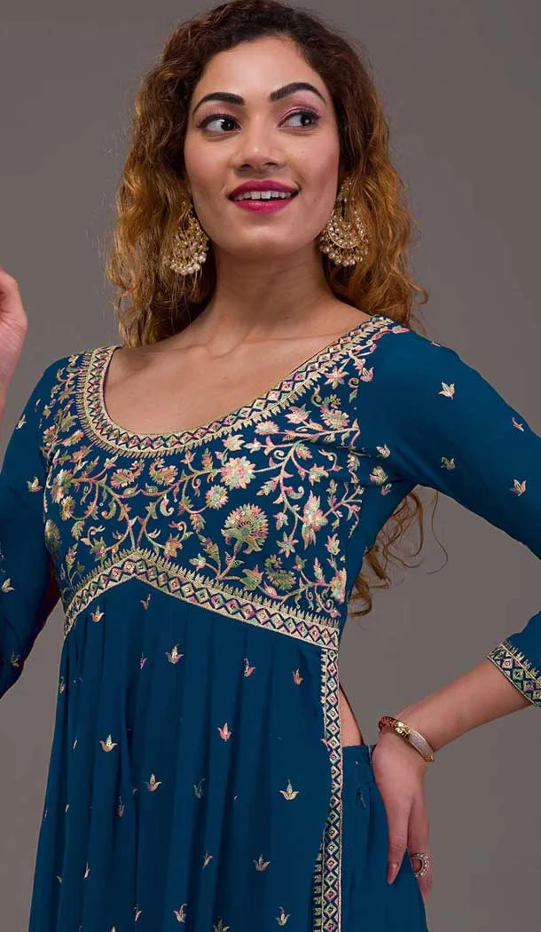 Teal Blue Georgette Embroidered Readymade Palazzo Salwar Suit - 10425193896