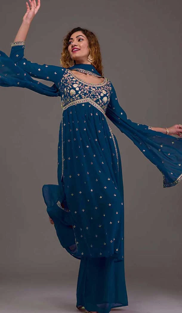 Teal Blue Georgette Embroidered Readymade Palazzo Salwar Suit - 10425193896