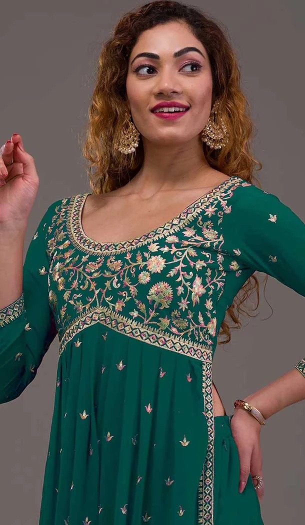 Green Georgette Embroidered Readymade Palazzo Salwar Suit - 10425193897