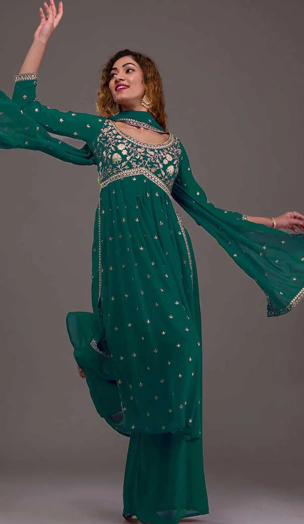 Green Georgette Embroidered Readymade Palazzo Salwar Suit - 10425193897