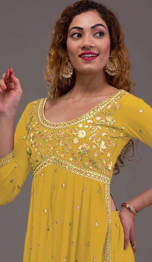 Mustard Georgette Embroidered Readymade Palazzo Salwar Suit - 10425193898