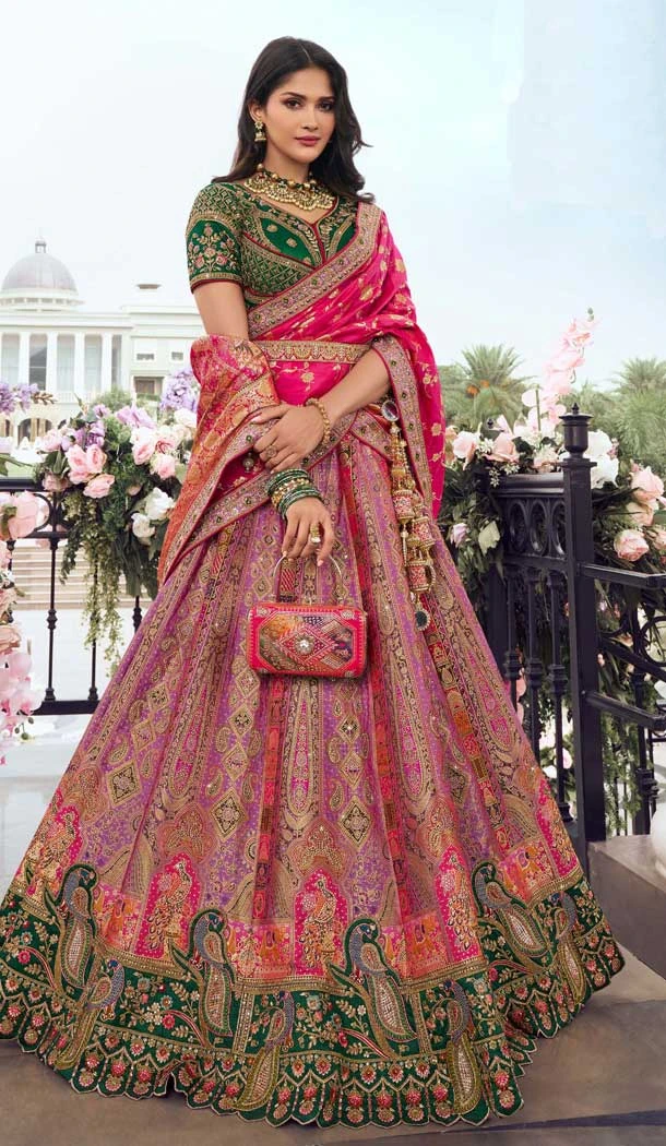Multi Color Banarasi Silk Embroidered Wedding Wear Lehenga Choli - 10440193959
