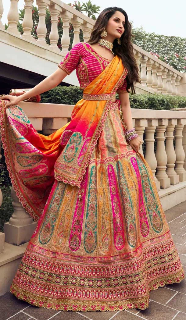 Green And Pink Banarasi Silk Embroidered Wedding Wear Lehenga Choli - 10440193960