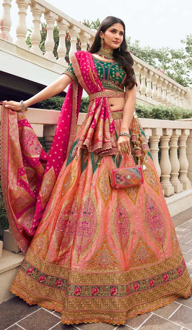 Banarasi Silk Multi Color Embroidered Wedding Wear Lehenga Choli - 10440193962