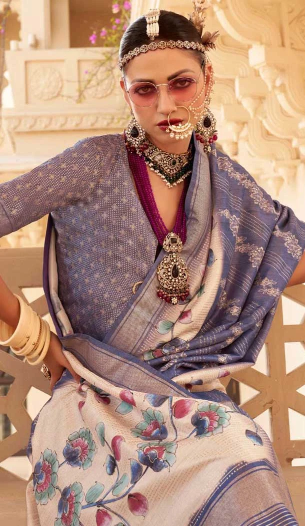 Blue Silk Foil Print Work Traditional Wear Saree - 10442193973