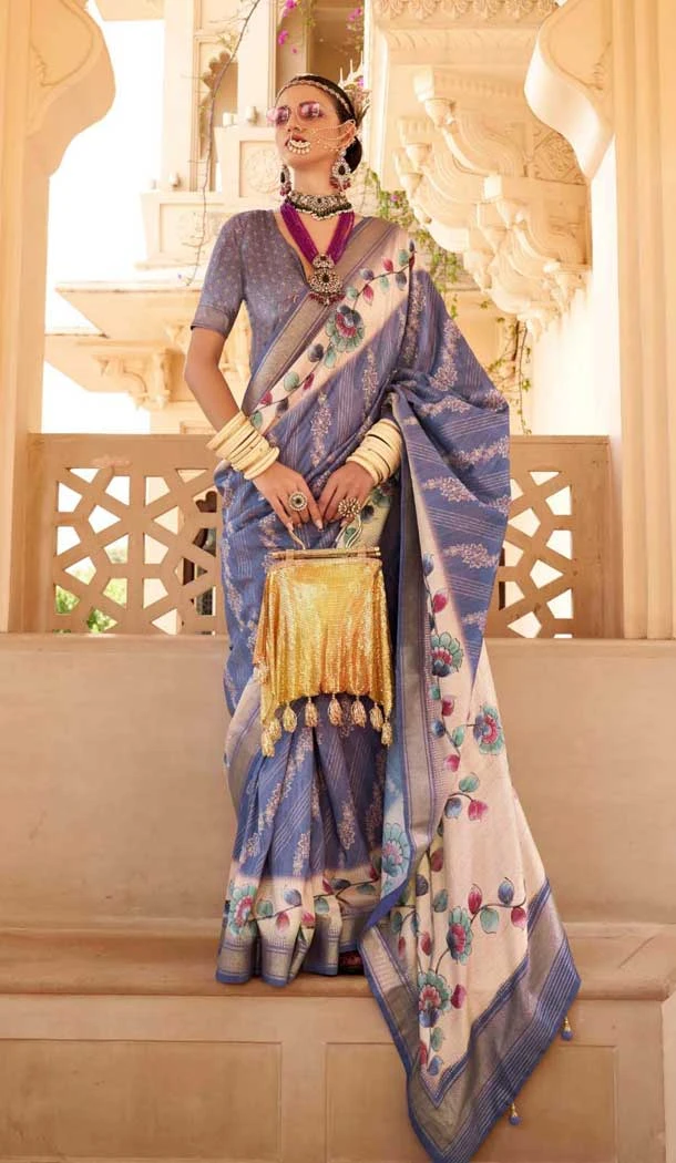 Blue Silk Foil Print Work Traditional Wear Saree - 10442193973