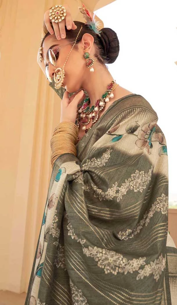 Green Silk Foil Print Work Traditional Wear Saree - 10442193974