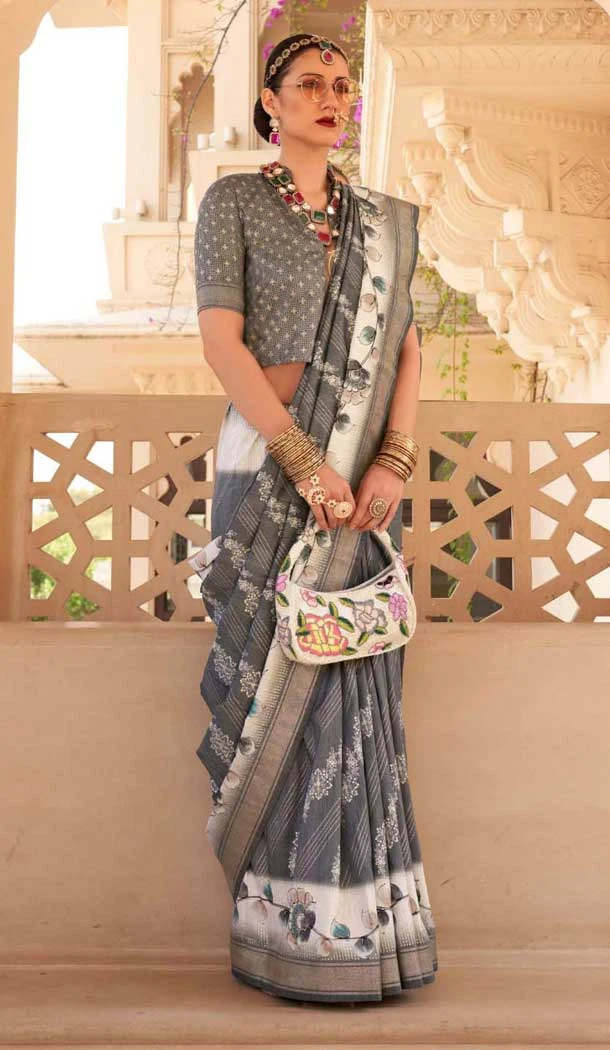 Grey Silk Foil Print Work Traditional Wear Saree - 10442193975
