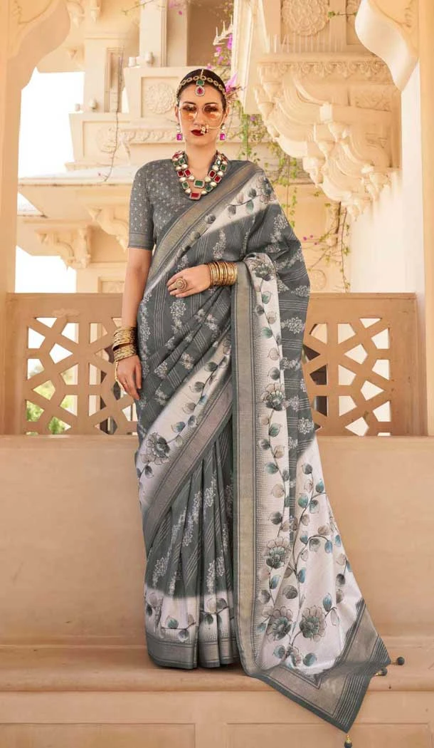 Grey Silk Foil Print Work Traditional Wear Saree - 10442193975