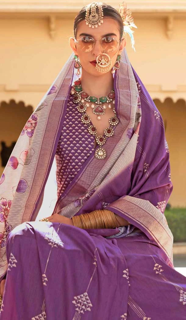 Purple Silk Foil Print Work Traditional Wear Saree - 10442193976