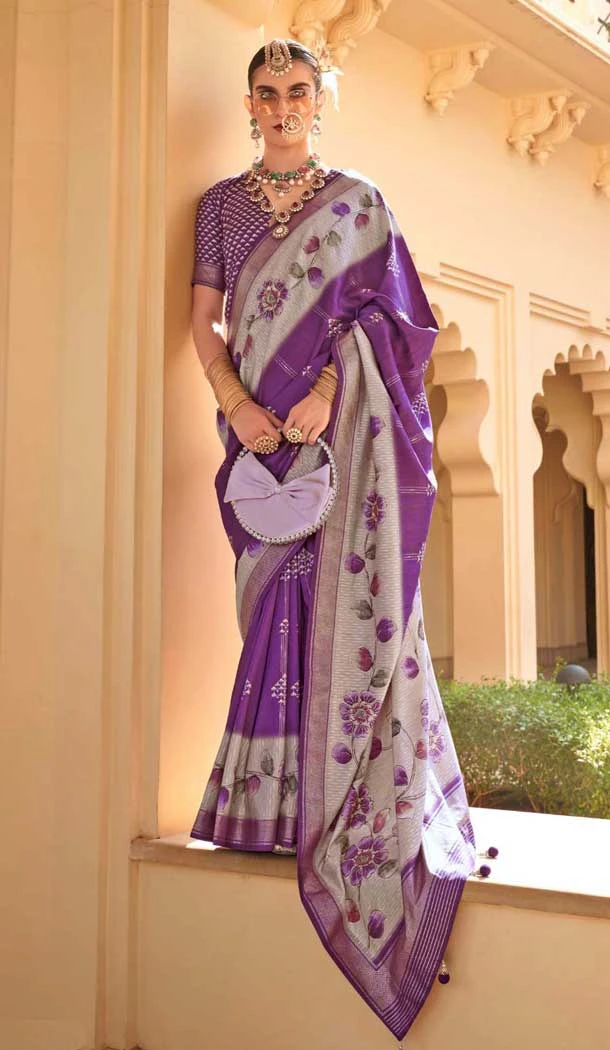 Purple Silk Foil Print Work Traditional Wear Saree - 10442193976