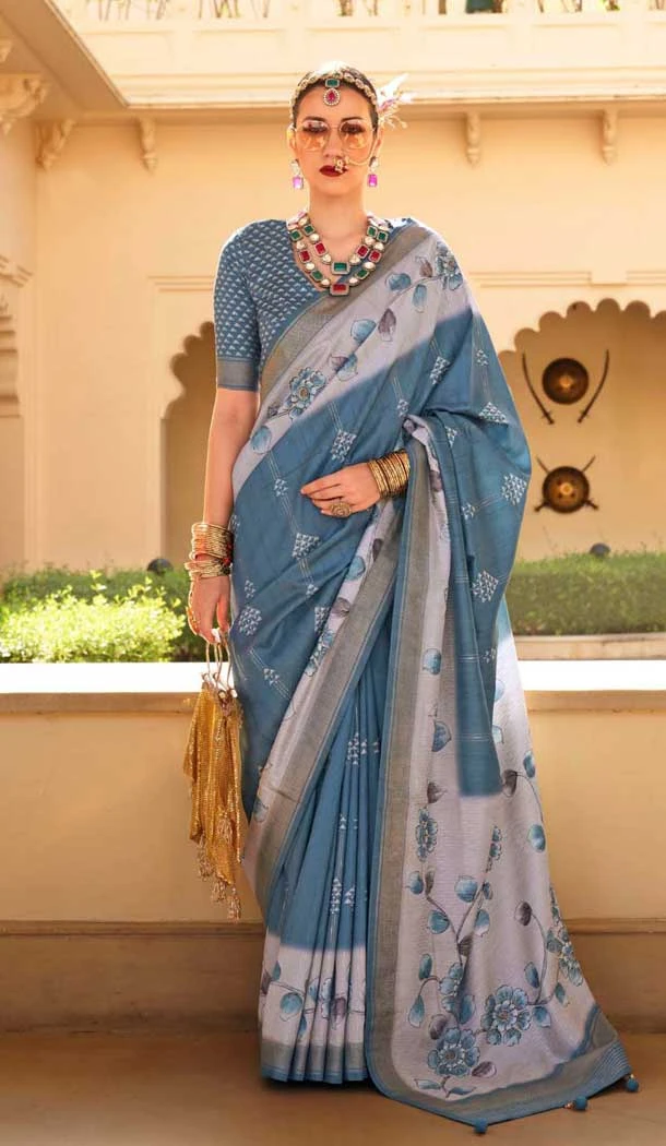 Morpeach Silk Foil Print Work Traditional Wear Saree - 10442193977