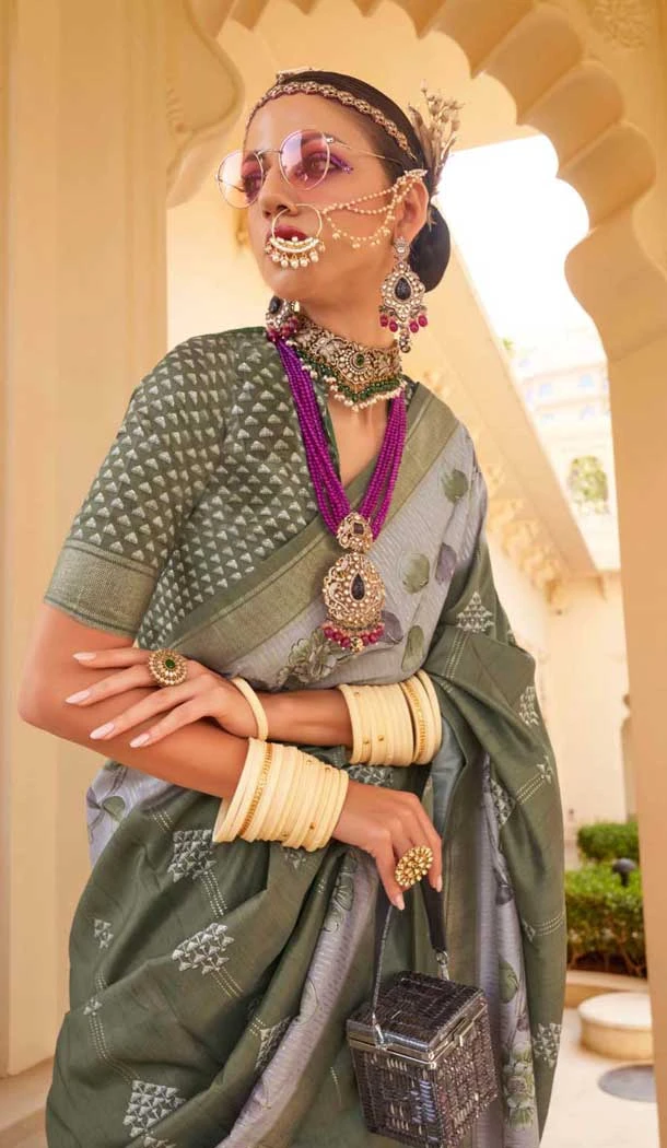 Silk Foil Print Work Traditional Wear Saree In Grey - 10442193978