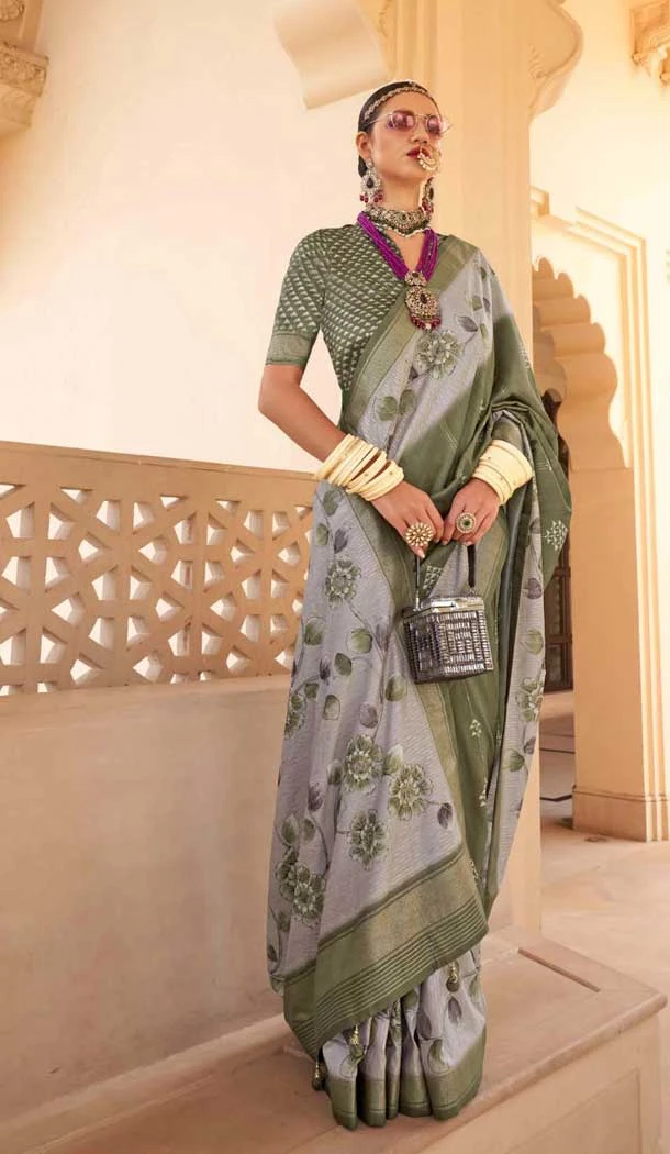 Silk Foil Print Work Traditional Wear Saree In Grey - 10442193978