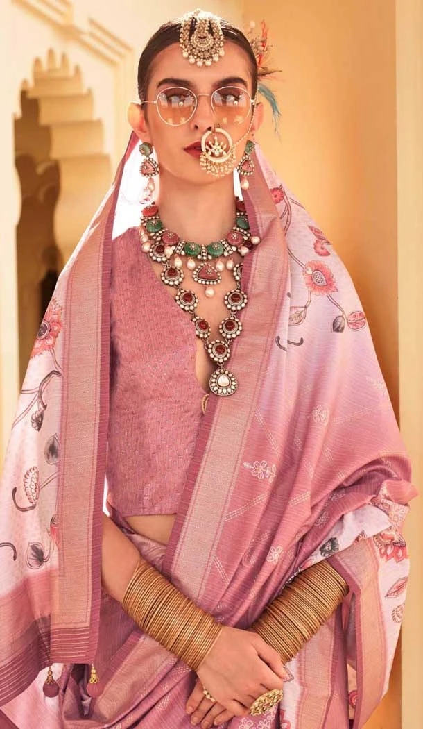 Light Purple Silk Foil Print Work Traditional Wear Saree - 10442193979