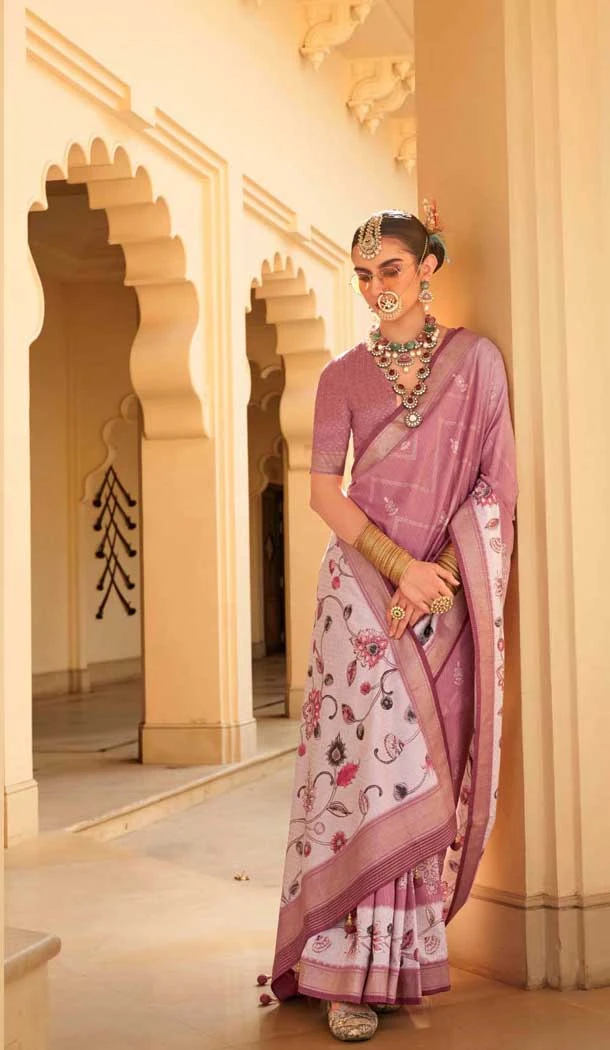 Light Purple Silk Foil Print Work Traditional Wear Saree - 10442193979