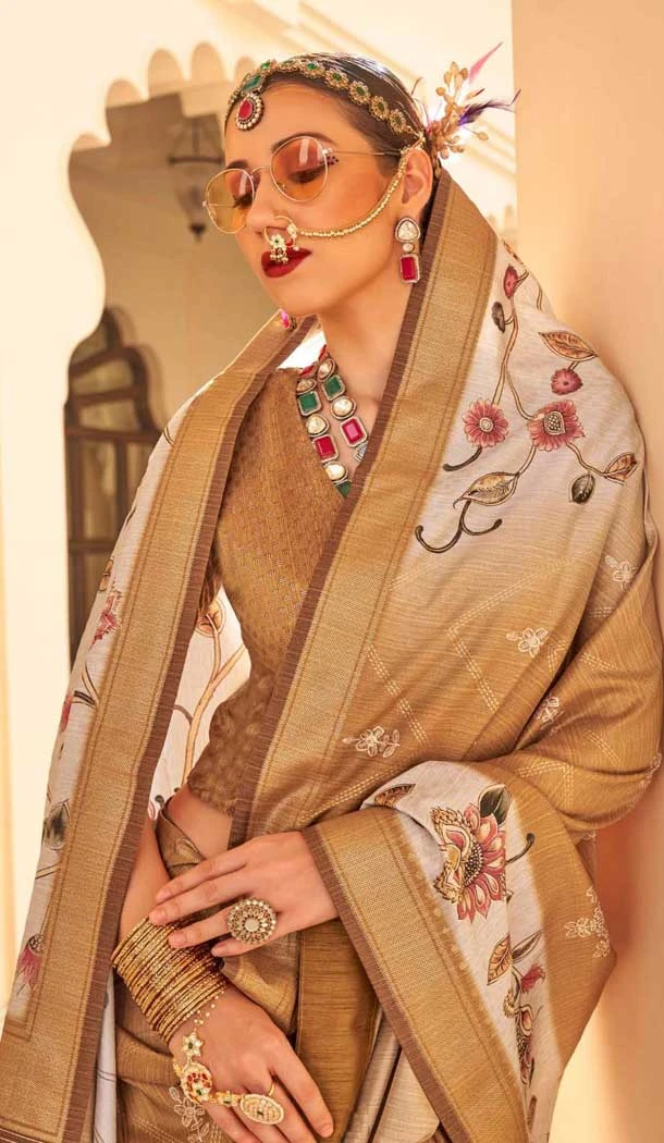 Brown Silk Foil Print Work Traditional Wear Saree - 10442193980