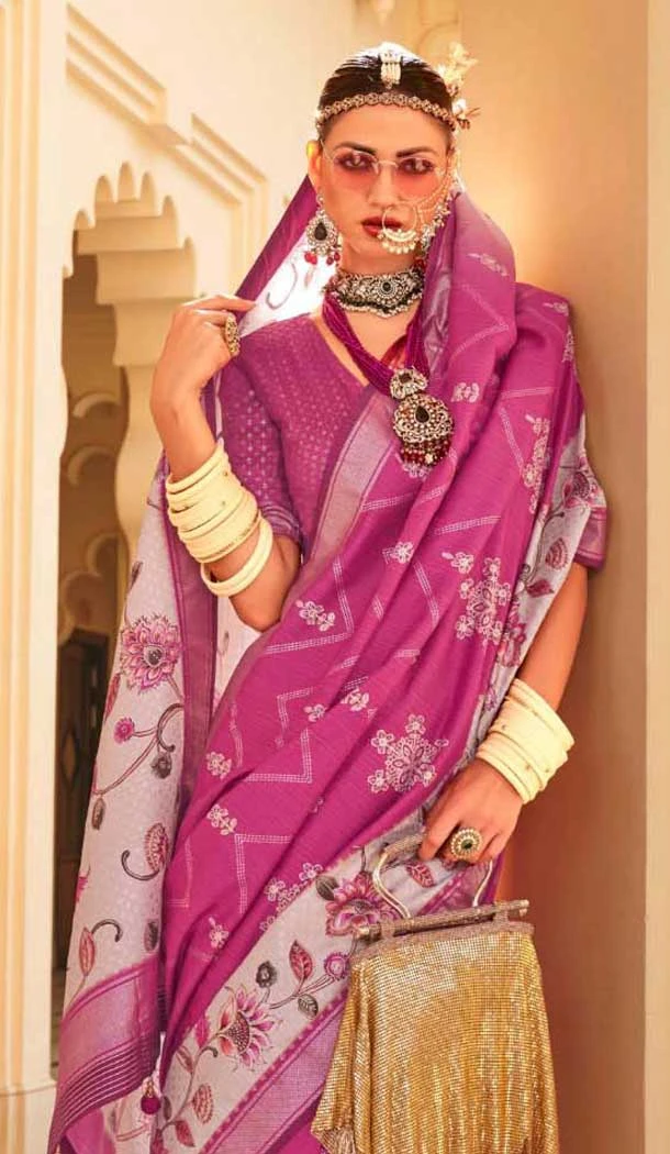 Rani Pink Silk Foil Print Work Traditional Wear Saree - 10442193981