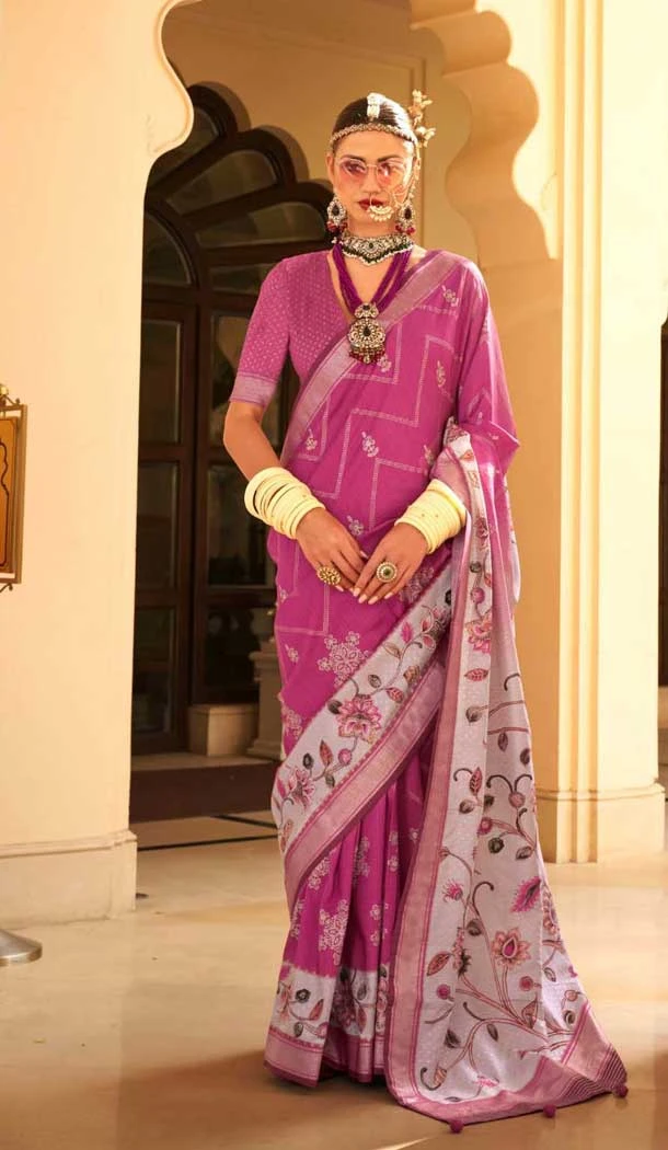 Rani Pink Silk Foil Print Work Traditional Wear Saree - 10442193981