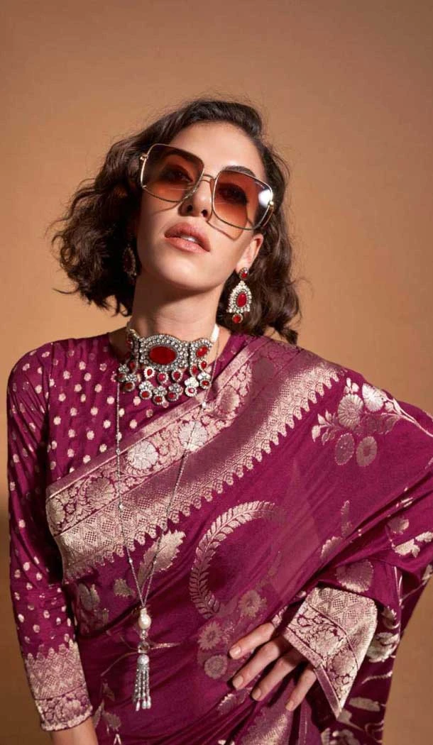 Georgette Weaving Work Party Wear Saree In Wine - 10445193990