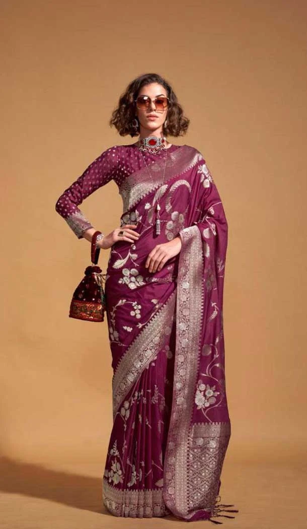 Georgette Weaving Work Party Wear Saree In Wine - 10445193990