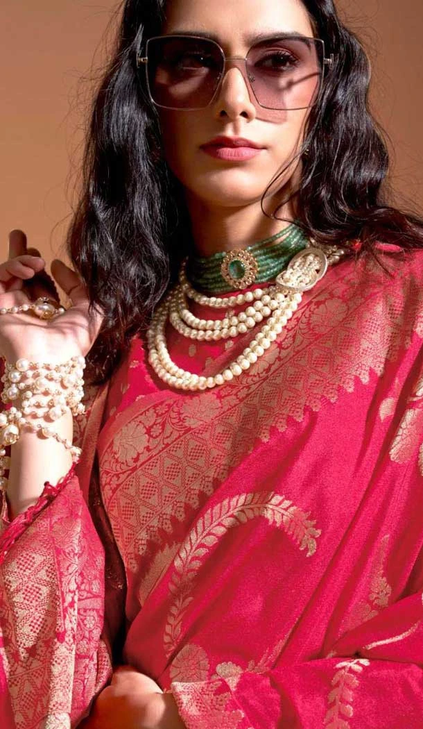 Georgette Weaving Work Party Wear Saree In Rani Pink - 10445193991