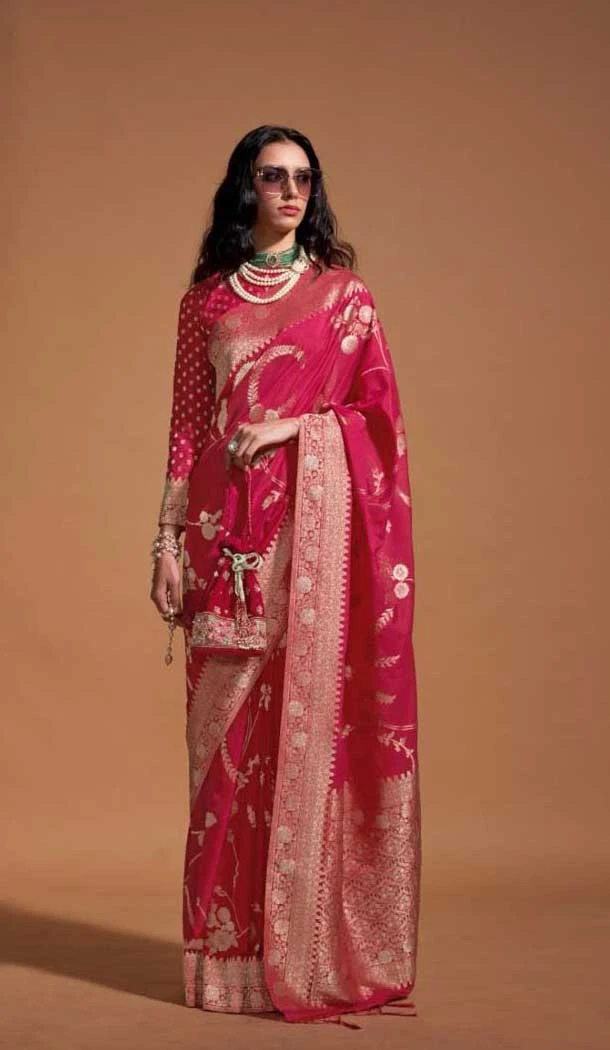 Georgette Weaving Work Party Wear Saree In Rani Pink - 10445193991