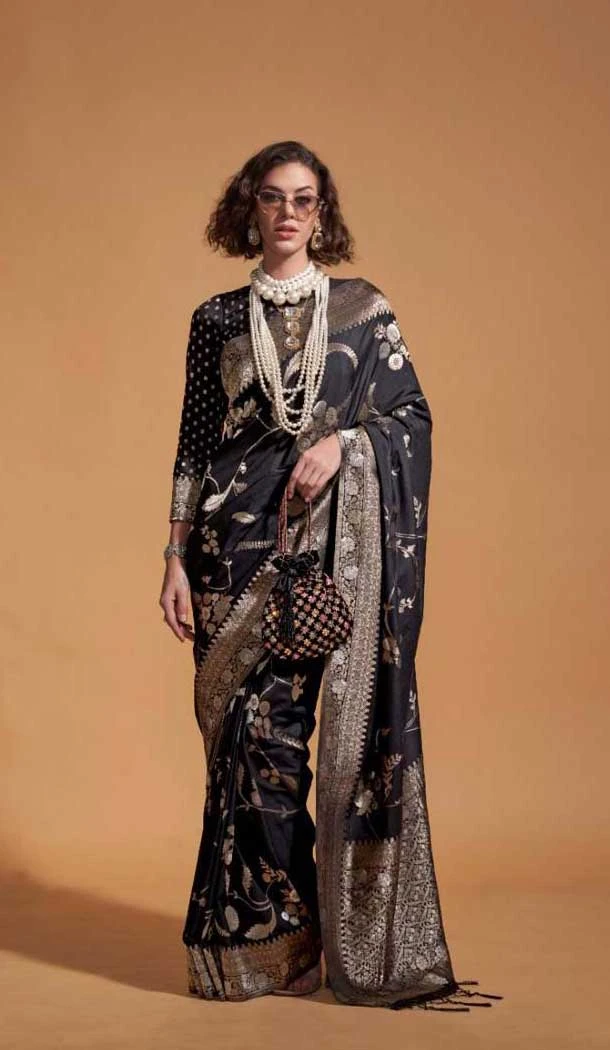 Georgette Weaving Work Party Wear Saree In Black - 10445193992