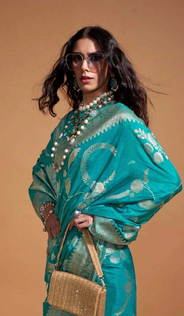 Georgette Weaving Work Party Wear Saree In Firozi - 10445193993