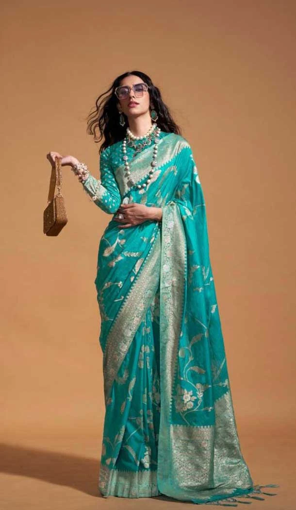 Georgette Weaving Work Party Wear Saree In Firozi - 10445193993