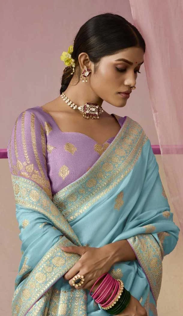 Sky Blue Viscose Silk Zari Work Designer Wear Saree - 10447194005