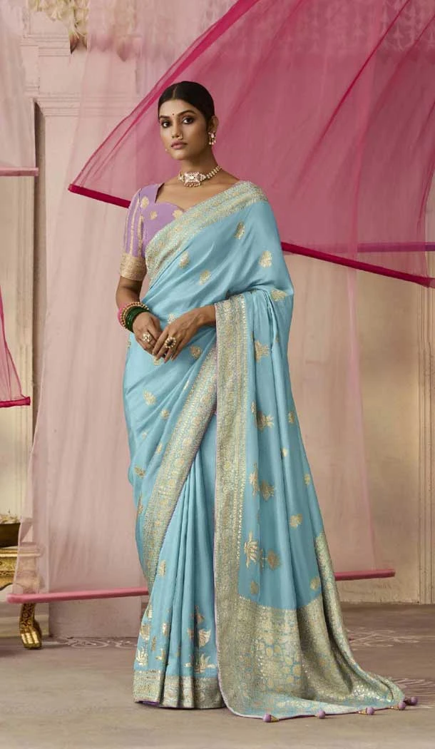 Sky Blue Viscose Silk Zari Work Designer Wear Saree - 10447194005