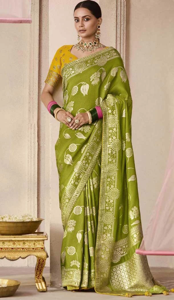 Mehendi Green Viscose Silk Zari Work Designer Wear Saree - 10447194006