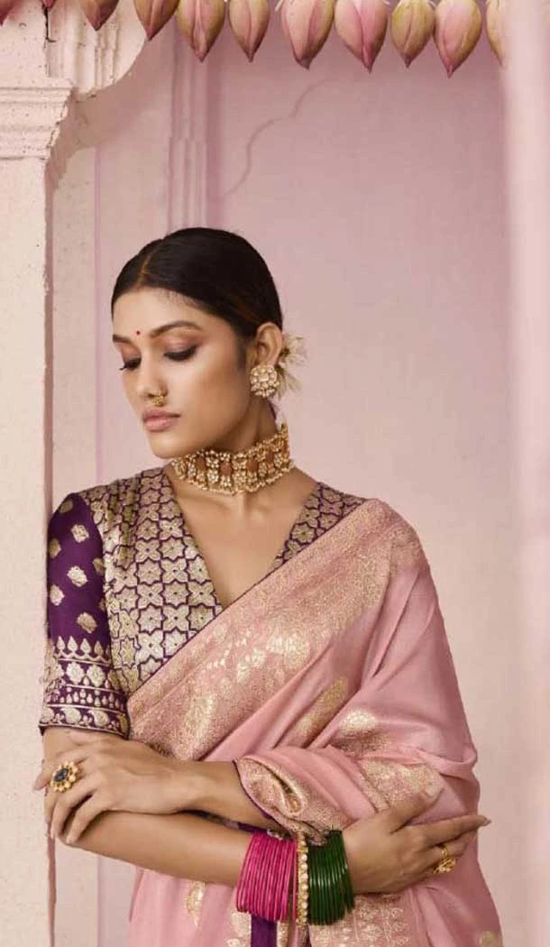 Peach Viscose Silk Zari Work Designer Wear Saree - 10447194013