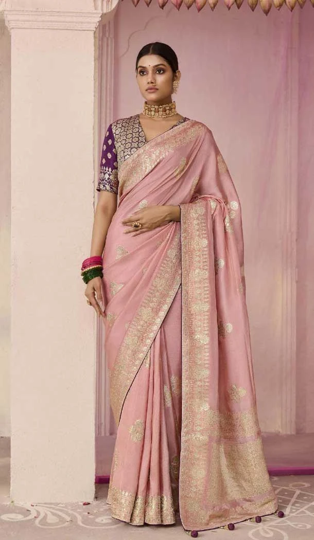 Peach Viscose Silk Zari Work Designer Wear Saree - 10447194013