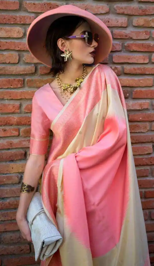 Beige Soft Silk Zari Work Party Wear Saree - 10449194019