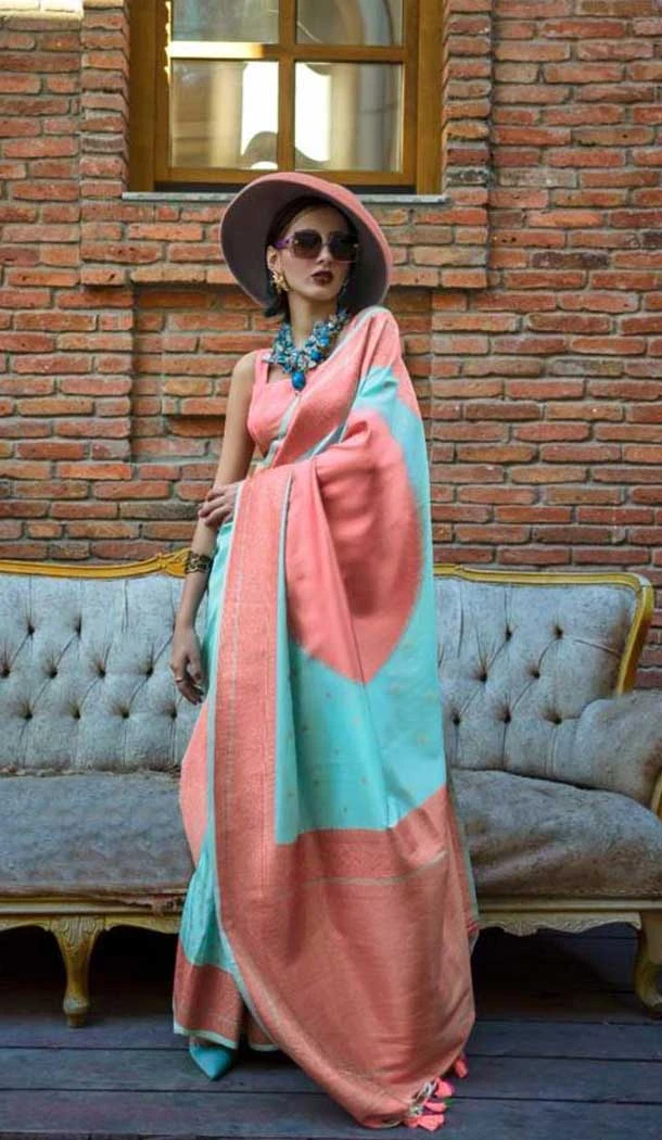 Sky Blue Soft Silk Zari Work Party Wear Saree - 10449194020