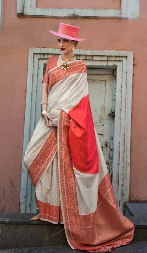 Off White Soft Silk Zari Work Party Wear Saree - 10449194021